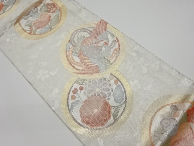JAPANESE KIMONO / VINTAGE FUKURO OBI / SAGANISHIKI / WOVEN FLOWER ARABESQUE & KIKU WITH PHOENIX